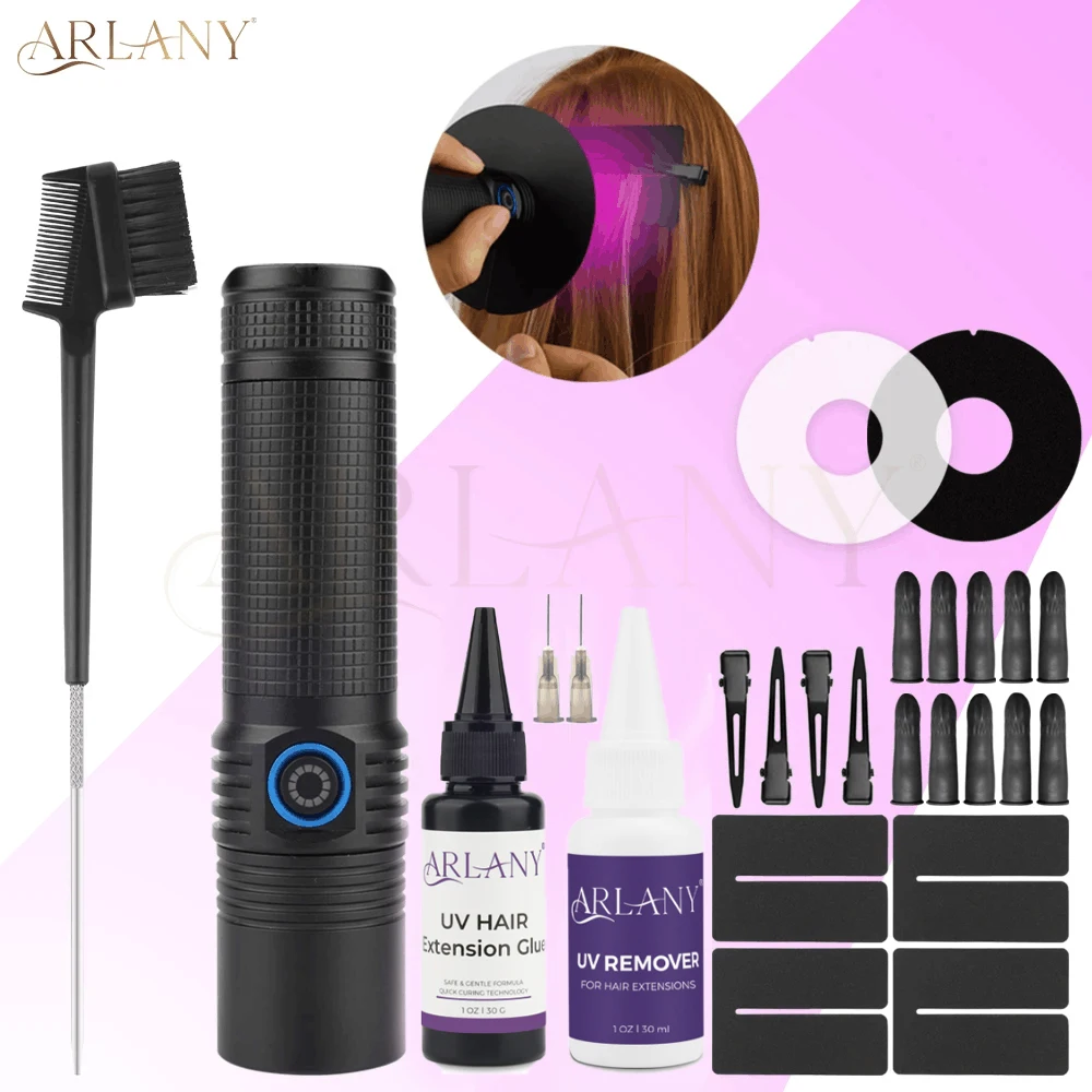arlany-3-5s-curing-uv-lamp-hair-extension-kit-30g-uv-hair-glue-with-30ml-uv-glue-remover-super-fast-remover-invisible-extensions