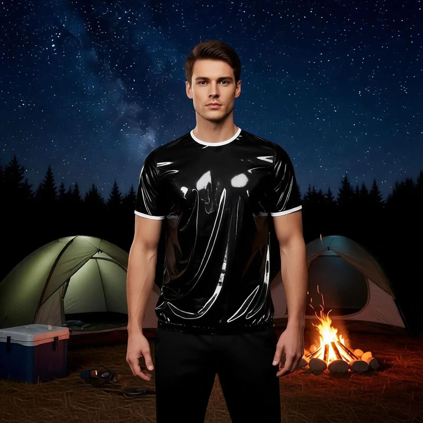 Men Waterproof Tops Short Sleeve Wet Look PVC T Shirt Hip Hop Dance Tshirt Tights Casual Water Resistant Clubwear T-shirt Top