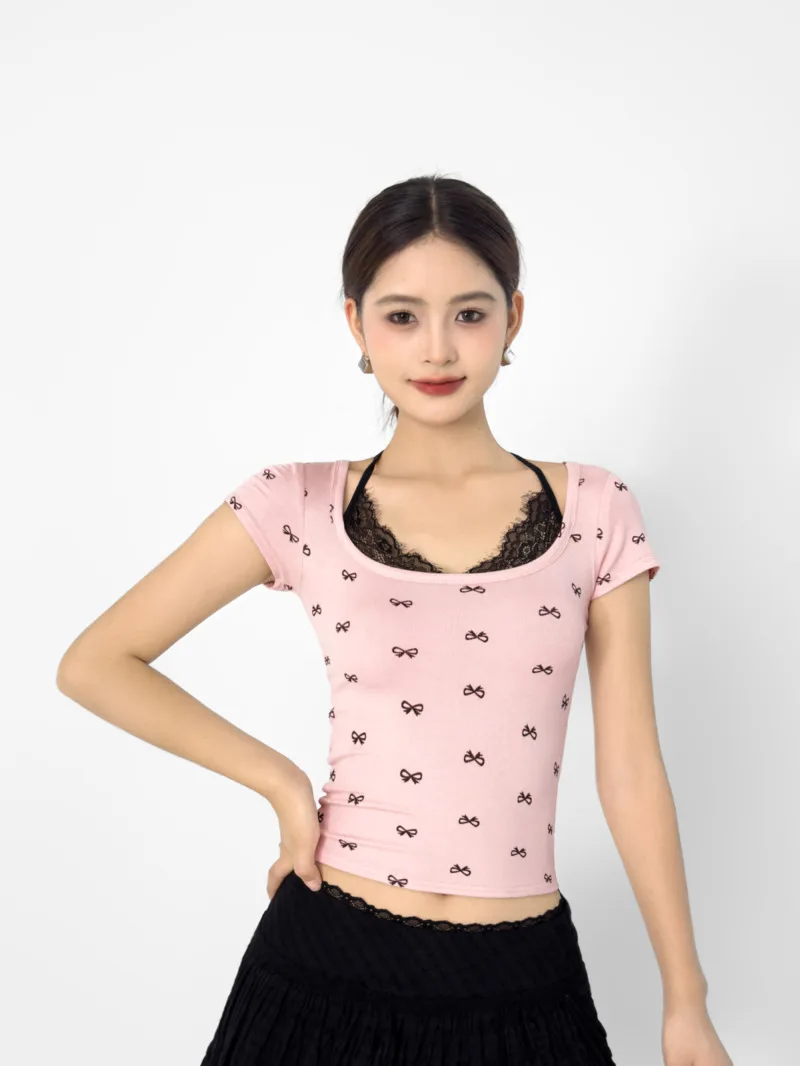 Summer Bow Printed Pure Desire Hanging Neck Lace Up Short Sleeve T-shirt Women Lace Splicing Slim Fake Two Pieces Top F189