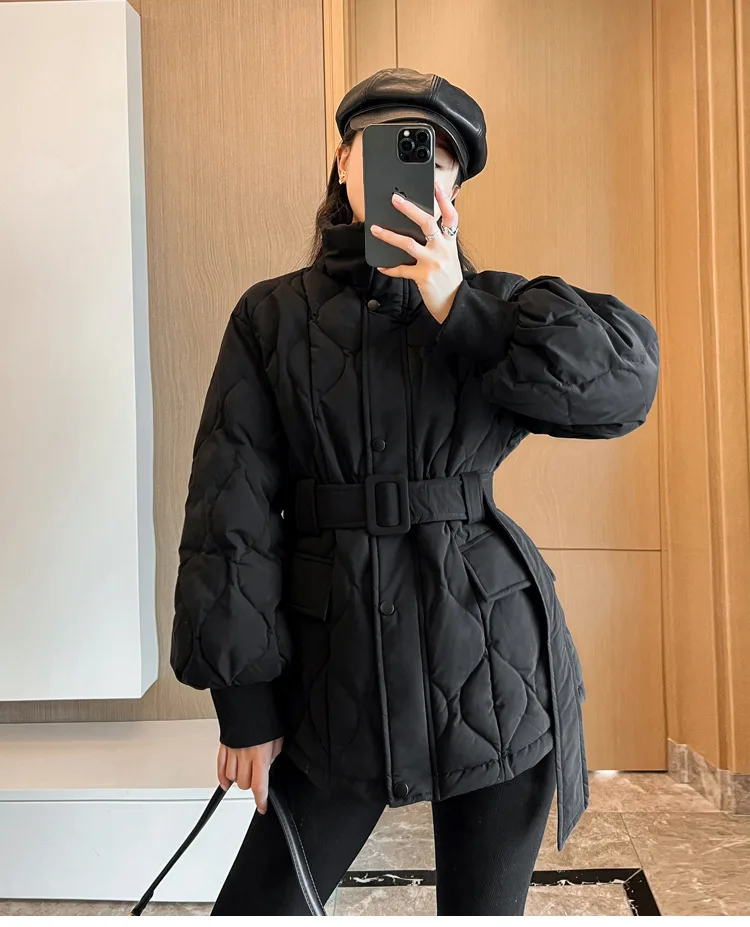 Solid Color Standing Collar Down Cotton-padded Jacket with Belt, Women\'s Winter Fashion Collect Waist Warm Cotton-padded Jacket