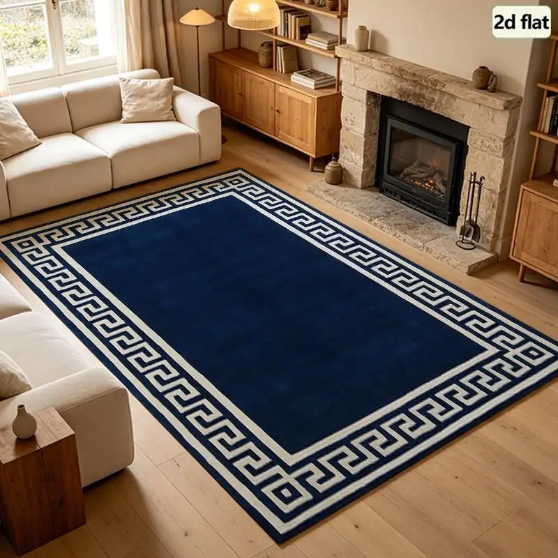 [2D Flat] 1PC Navy Blue Greek Key Border Area Rug Area Rug Cat Room Front Door Mat Spring Throw Rugs Washable Vintage Home Essentials Dining Room Bathroom Bedroom Porch