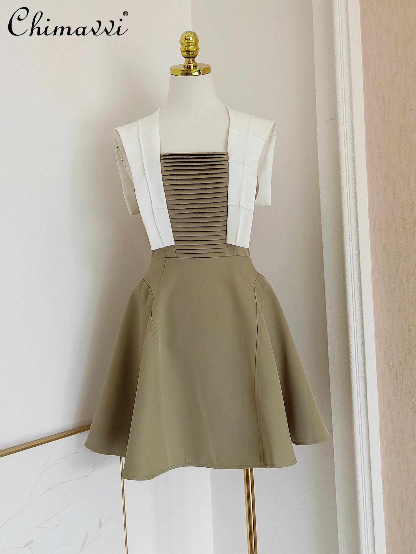 

French Elegant Temperament Socialite Evening Dresses Navy Collar Sleeveless Pleated High Waist A-line Short Dress Women Summer