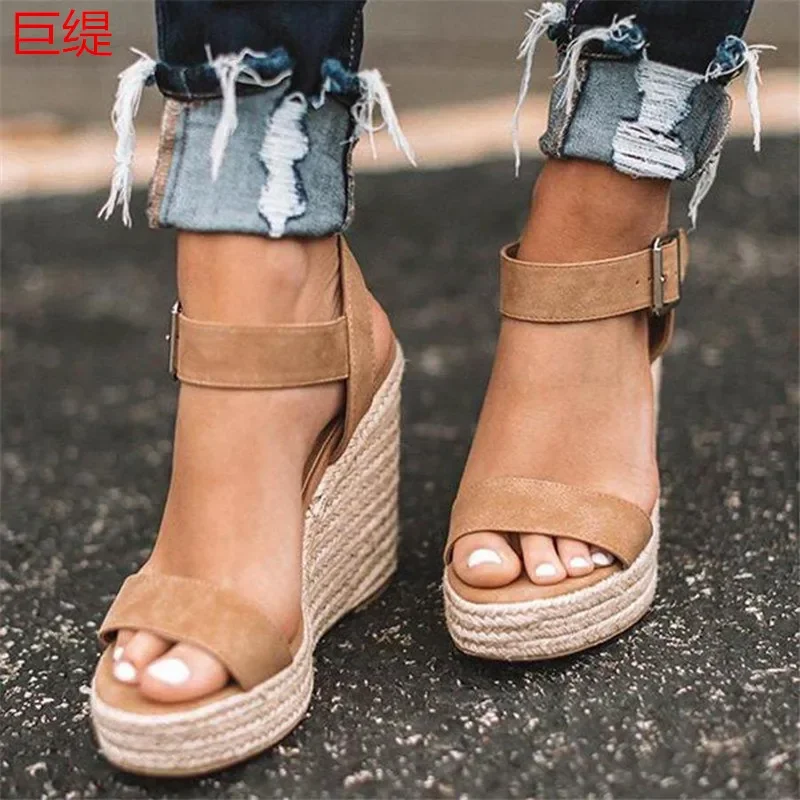 Letnie sandały na platformie damskie Peep Toe wysokie kliny obcas klamry na kostce Sandalia espadryle sandały damskie buty