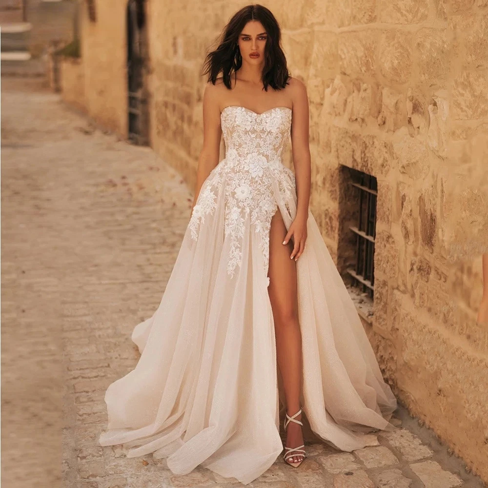 

Shiny Glitter A-Line Wedding Dress Sexy Strapless Lace Appliqued High Slit Bridal Gown Long Tulle Ziper Back Vestidos De Novia