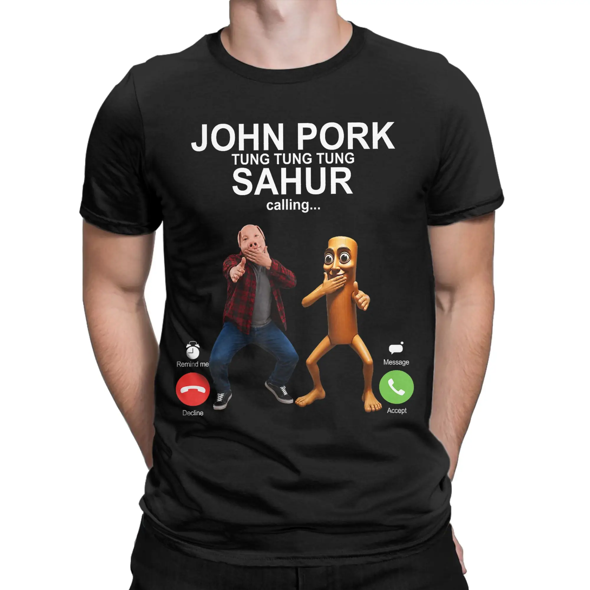 John Pork and Tung Tung Tung Sahur is Calling Scuba Dance T Shirt Men 100% Cotton T-Shirts Round Collar Tees Short Sleeve