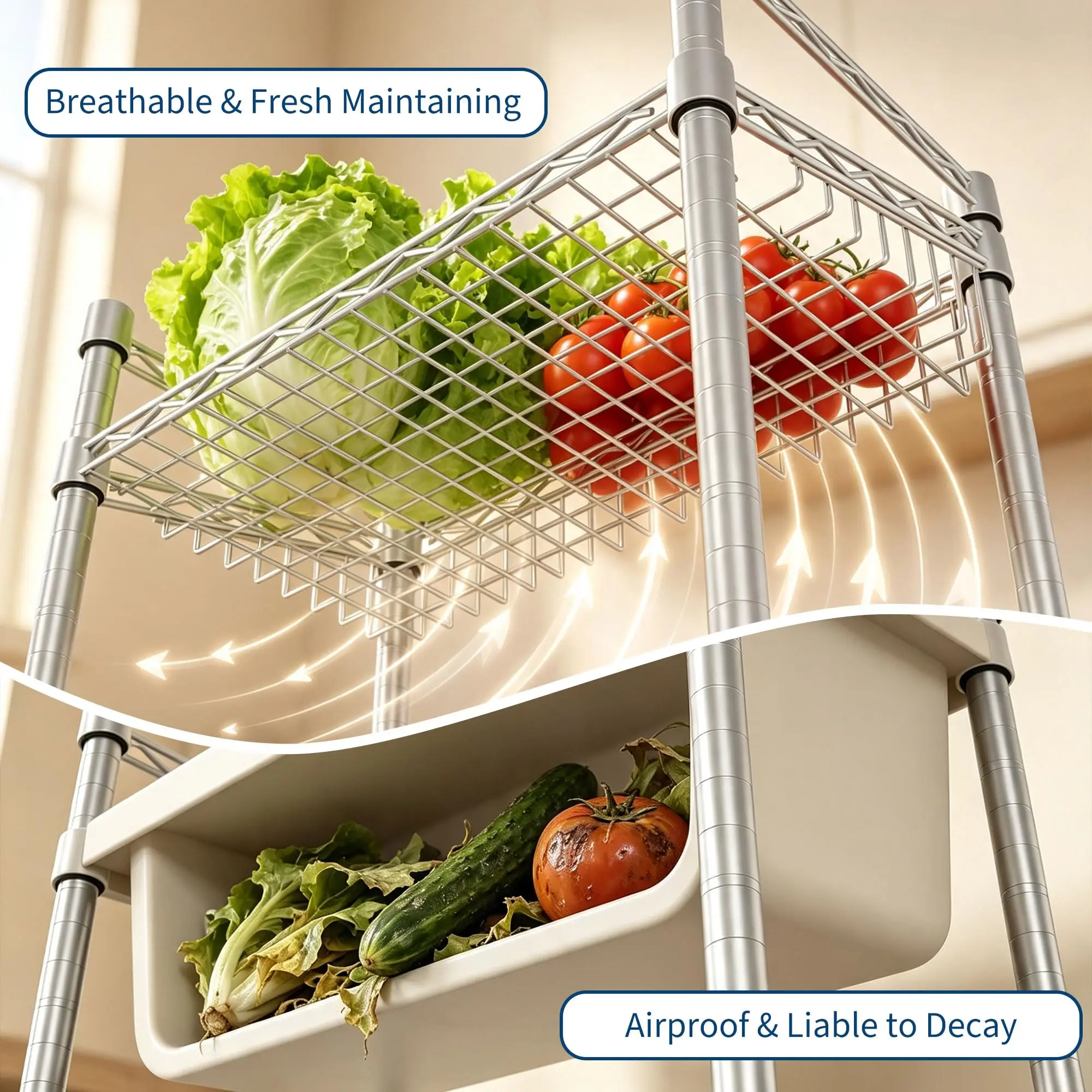 4-Tier Metal Wire Storage Shelving Unit, Kitchen Pantry Organizer Rack with Tilting Baskets, Heavy Duty Adjustable Utility Shelf for Vegetables, Wine & Cookware