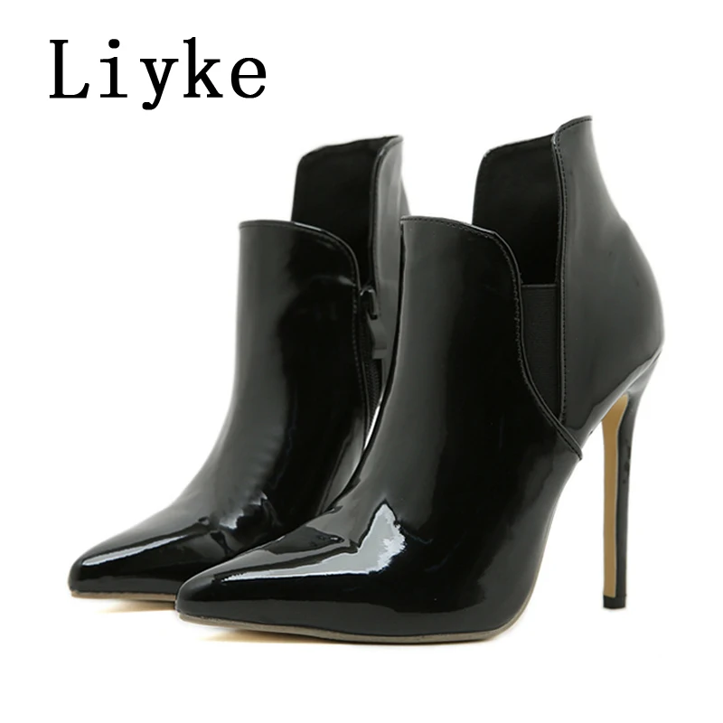 Liyke High Quality Patent Leather Pointed Toe Zip Ankle Boots For Women Spring Autumn Heels Pumps Sexy Party Club Stripper Shoes
