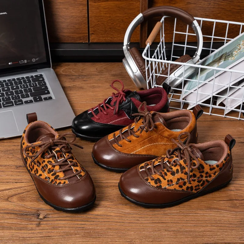Children Fashion Spliced Hook and Loop Flat Shoes Leopard Print Decor Soft Non‑Slip Sole Kids Autumn Winter Daily Casual Shoes