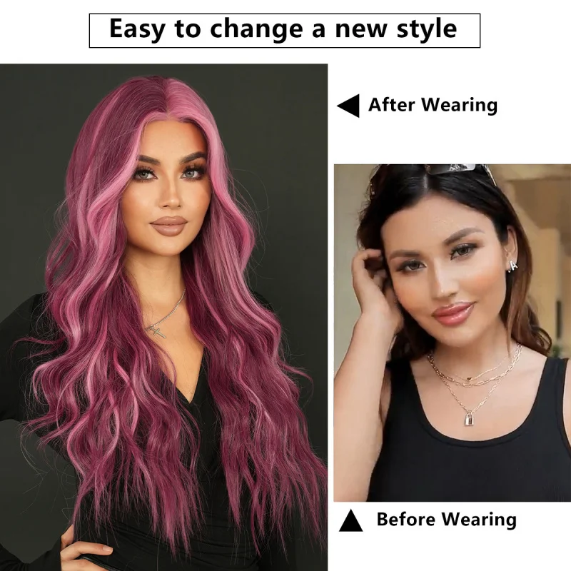 Short lace-parted curly with highlights in starry purple, full head cover, fashionable wig for girls