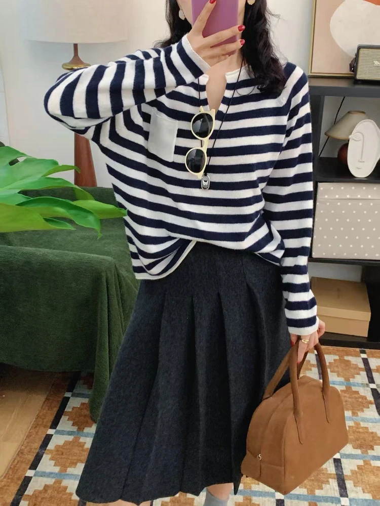 

Женский повседневный свободный свитер с V-образным вырезом из мягкой шерсти и смесовой пряжи, в полоску, удобный, с длинными рукавами