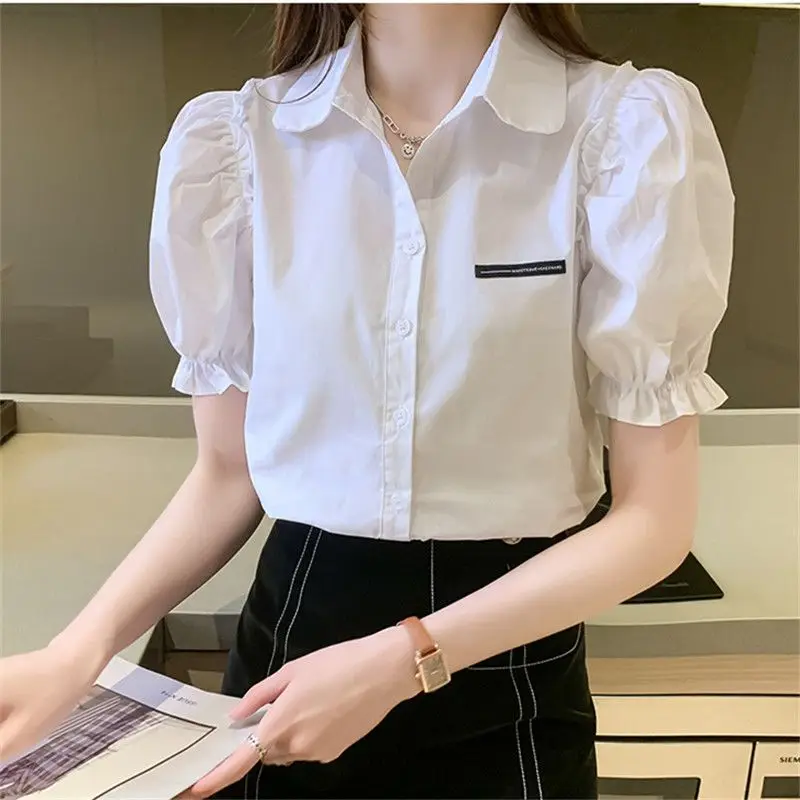 Korean Version Solid Color Simplicity Commuter Versatile Top Fashion Buttons POLO Neck Short Sleeve Temperament Chiffon Shirt