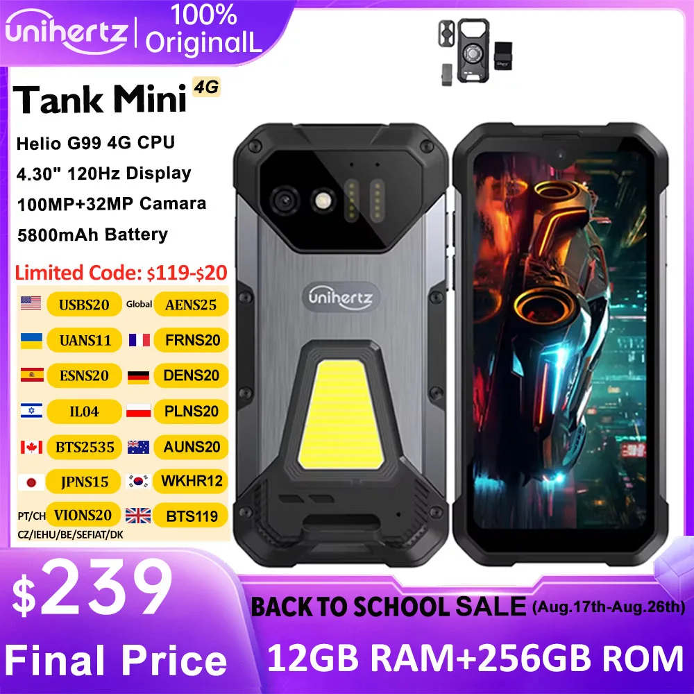 Unihertz 8849 Tank Mini Robustes Smartphone 4,3 Zoll Display Android 13 5800mAh 24GB 256GB Helio G99 Octa Core 100MP Kameras IP68