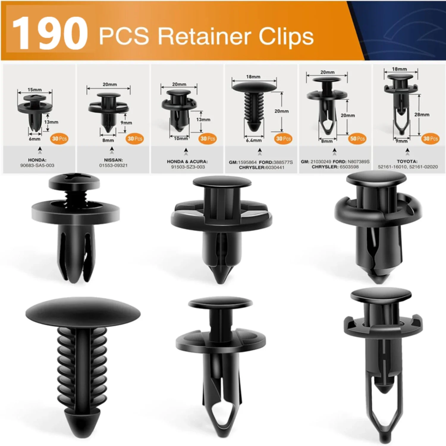 

190 Pieces Durable High-Quality Plastic Auto Bumper Clips Fixing Nail Kit - 6 Stylish Retainer Fasteners for Car Body Repair - I