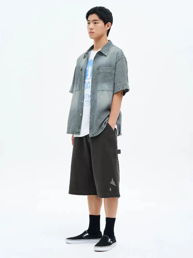 

Fashionable Casual Men's Denim Shorts Summer 2025 Loose Straight Leg Youthful Pure Color Trendy Brand New Model Streetwear