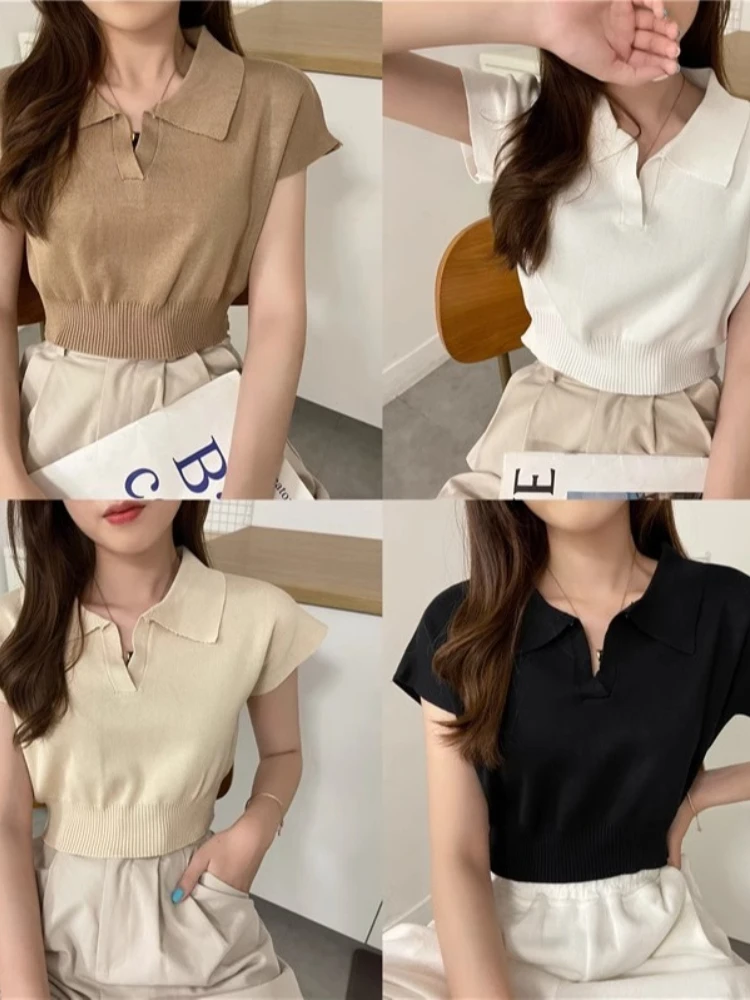 AOSSVIAO 2025 ใหม่รูปแบบ Collared เสื้อกันหนาวอเนกประสงค์แขนสั้นถักสําหรับฤดูใบไม้ผลิและฤดูร้อนผู้หญิงเสื้อผ้า Crop TOP