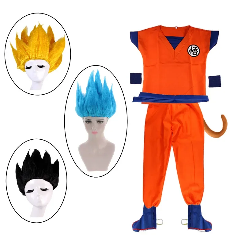 

HOT Halloween Kids Adult Suits Son Goku Cosplay Costume Anime Superheroes Jumpsuit Black Gold Blue Hair Costume Dress Up