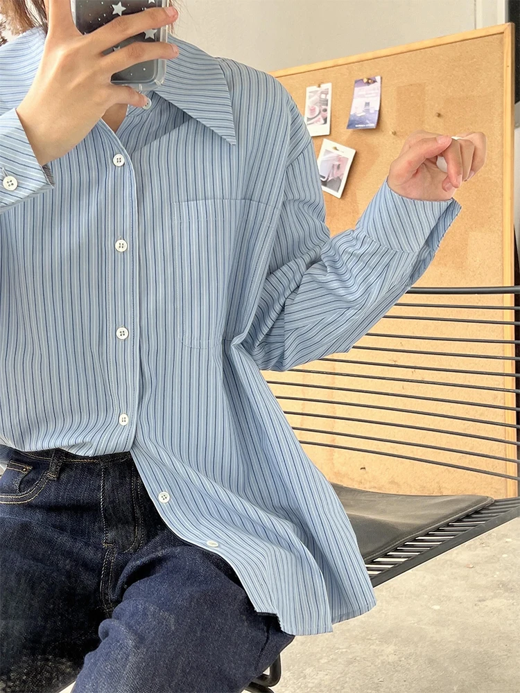

Blue Striped Women's Shirt Spring Autumn Base Layer Inner Professional OL Top Drapey Button up Shirt Coat Winter
