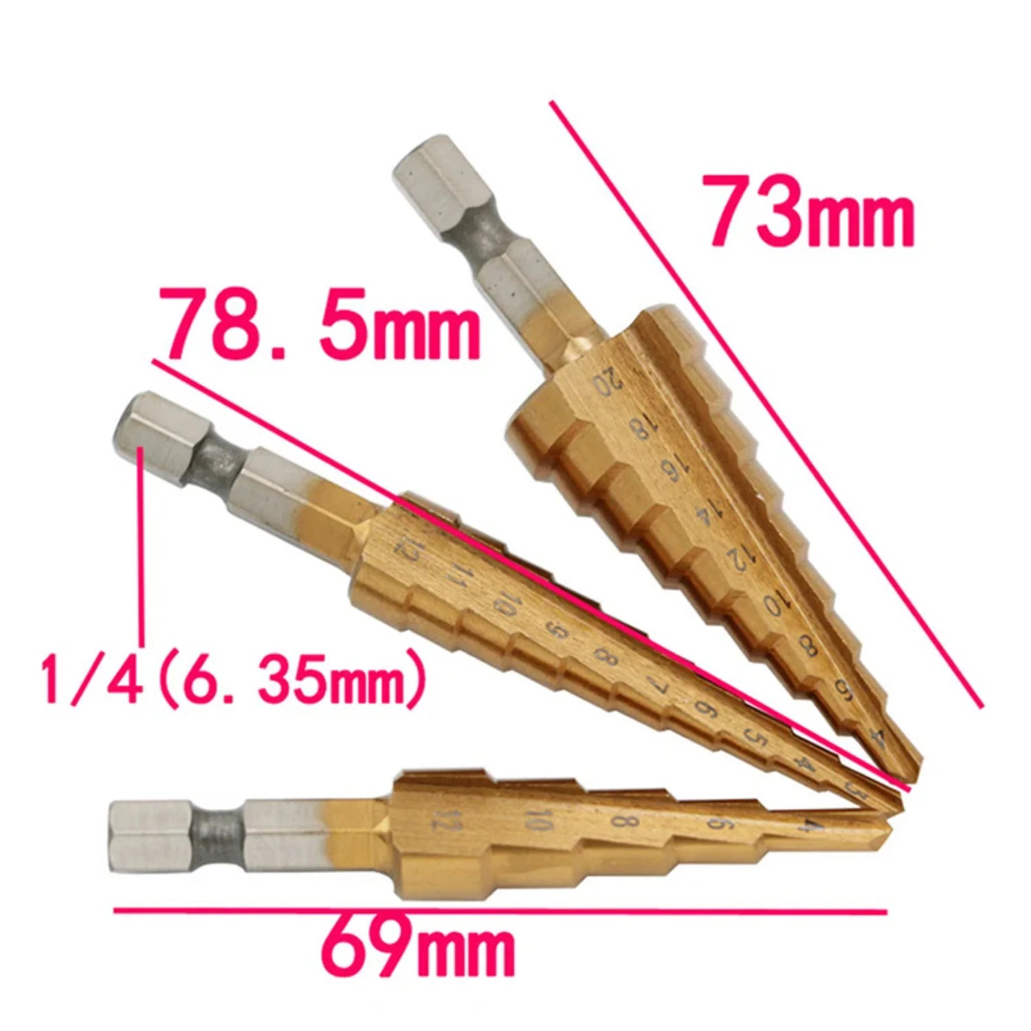 Essential Core Drilling Tools - Straight Groove Coated Step Drill Bits - 3-Piece Set (3mm-12mm, 4mm-12mm, 4mm-20mm)