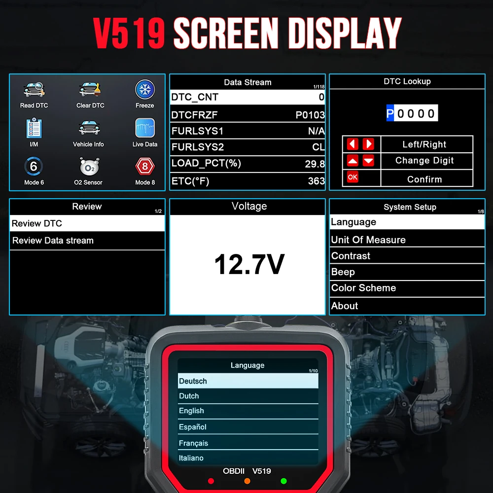 V519 OBDII Code Reader Live Data Read Clear DTC O2 Sensor Diagnostic Tool Voltage Tester Check Engine OBD Car Scanner