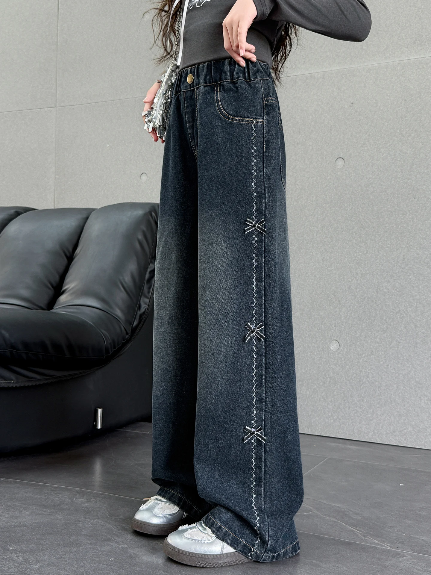 

Spring Autumn Girls Jeans Pants Knot Wide Leg Pants Casual Loose Fit l Waist Denim Fabric Middle School Girls