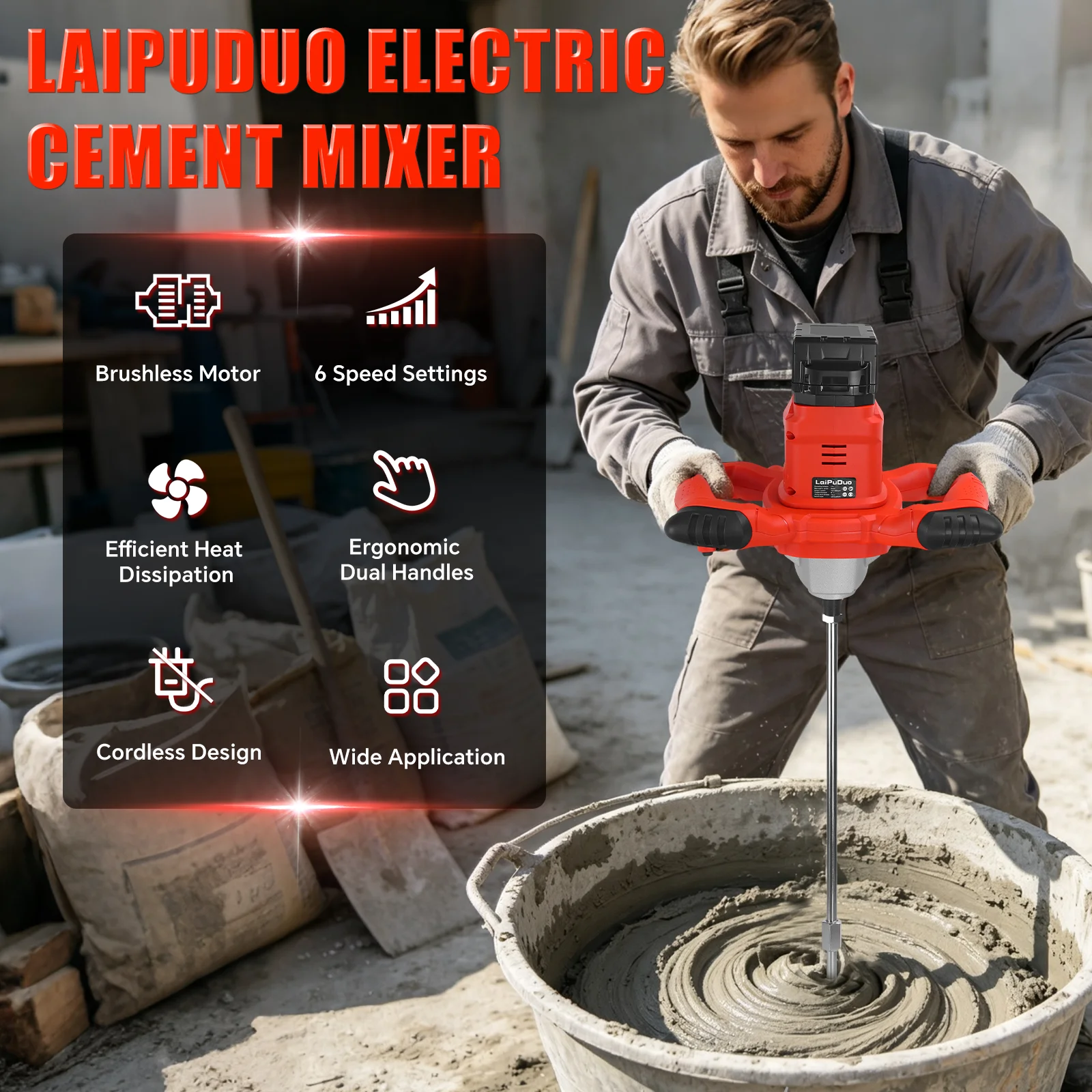 Brushless Cement Mixer Cordless Electric Concrete Mixer 6‑Speed Mud Motar Paint Fodder Stirring Tool For Milwaukee 18V Battery