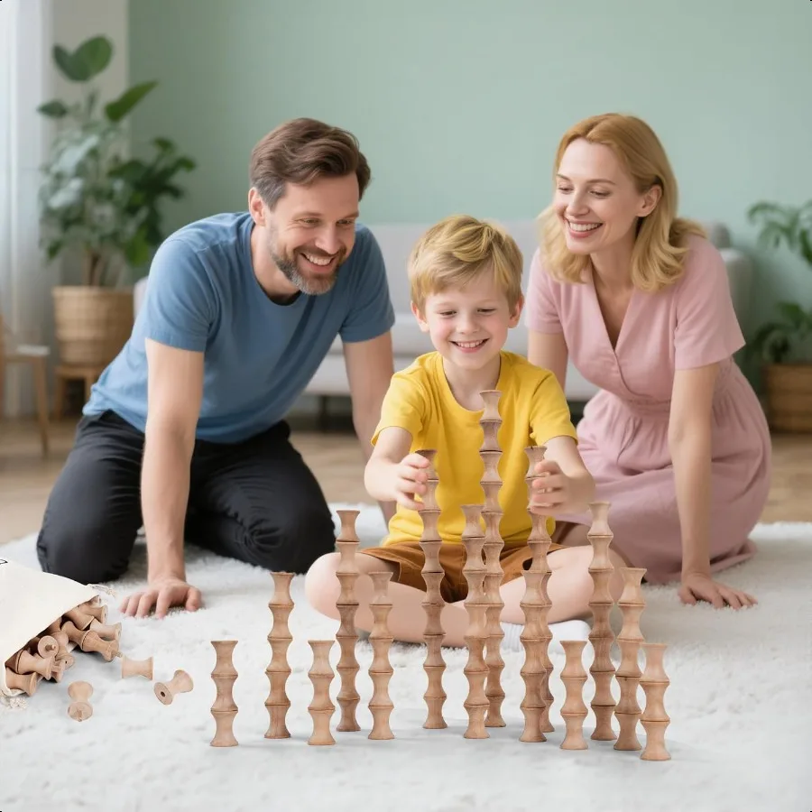 Building Toys Wooden Building Blocks for Montori Toys 120Pcs Waving Stacking Blocks Durable Safe Wood STEM Toy with Canvas Bag