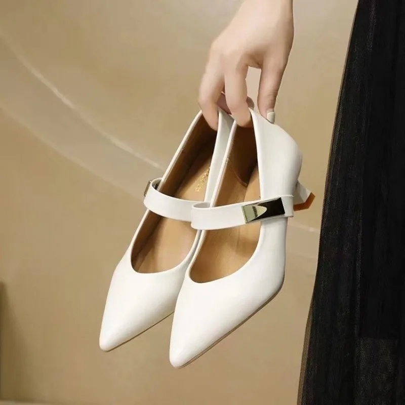 2024 New Fashion Women's Mary Jane Shoes Pointed Toe High Heel Stiletto Metallic Trim Elegant Shoes