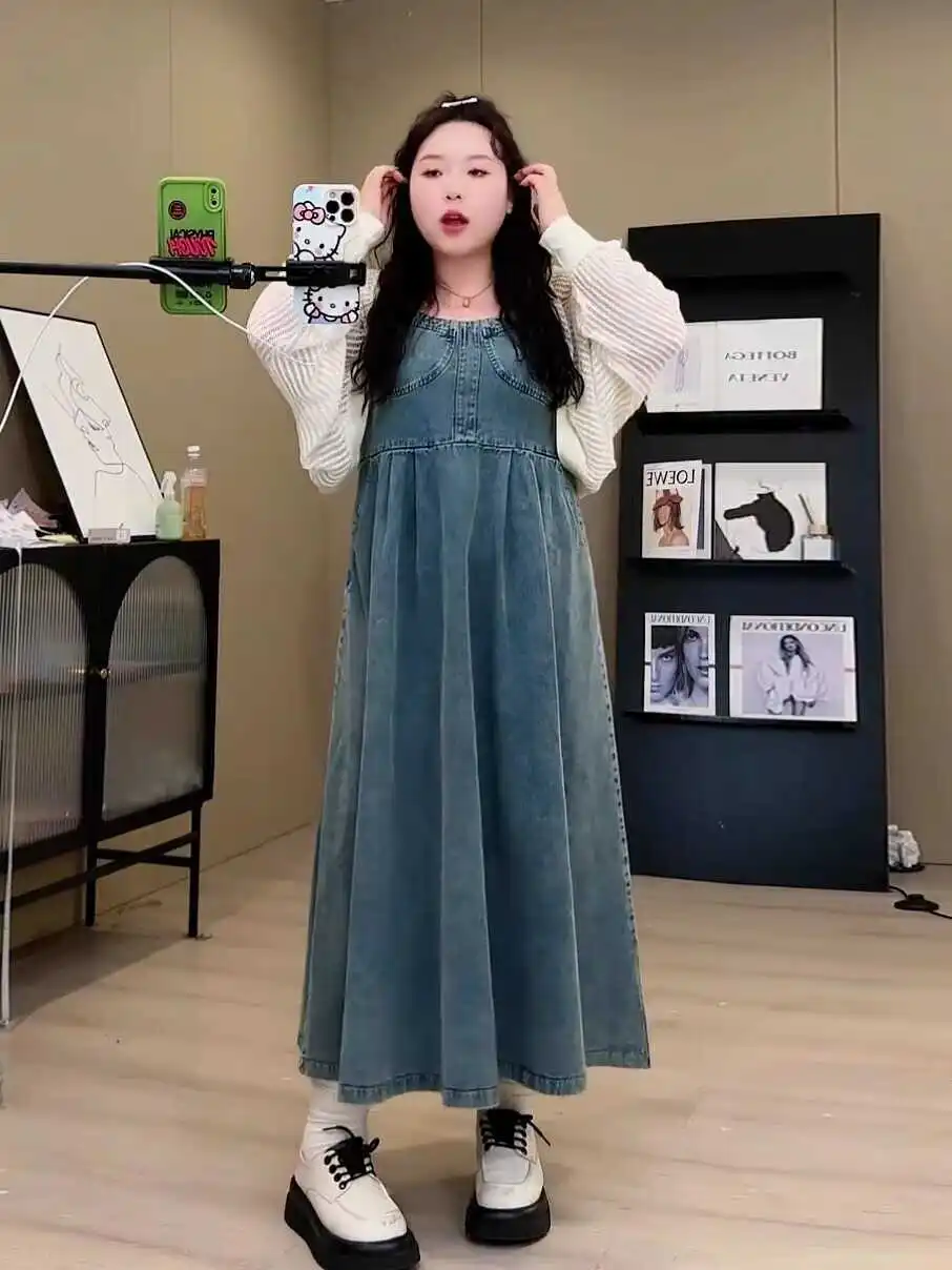 plus Size Retro Denim ter Dr Summer Slimming Meat Covering Dr Outer Sun Protection irt Two Piece Set Women's Faion