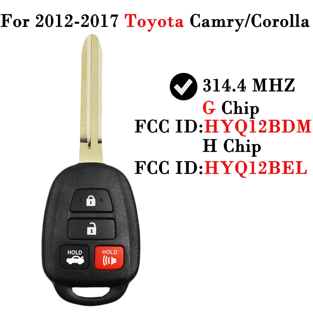 

YANGMIN For Toyota Camry Corolla 2012 2013 2014 2016 2017 4 Button G H Chip HYQ12BDM HYQ12BEL 314.4 MHz Remote Car Key