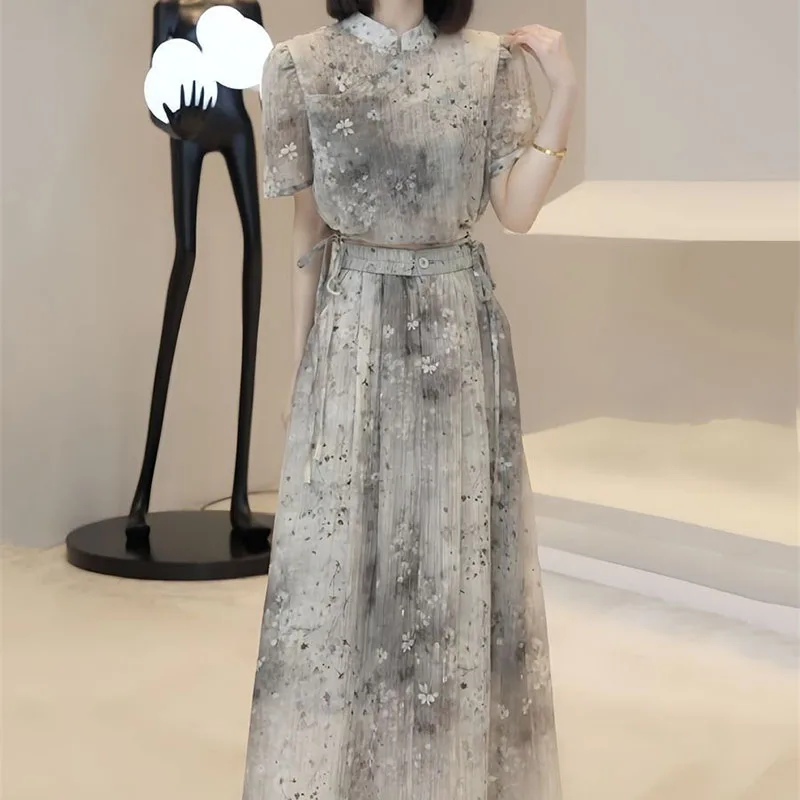 French national style printed skirt women's spring and summer new high-quality fashion design sense niche temperament two-piece
