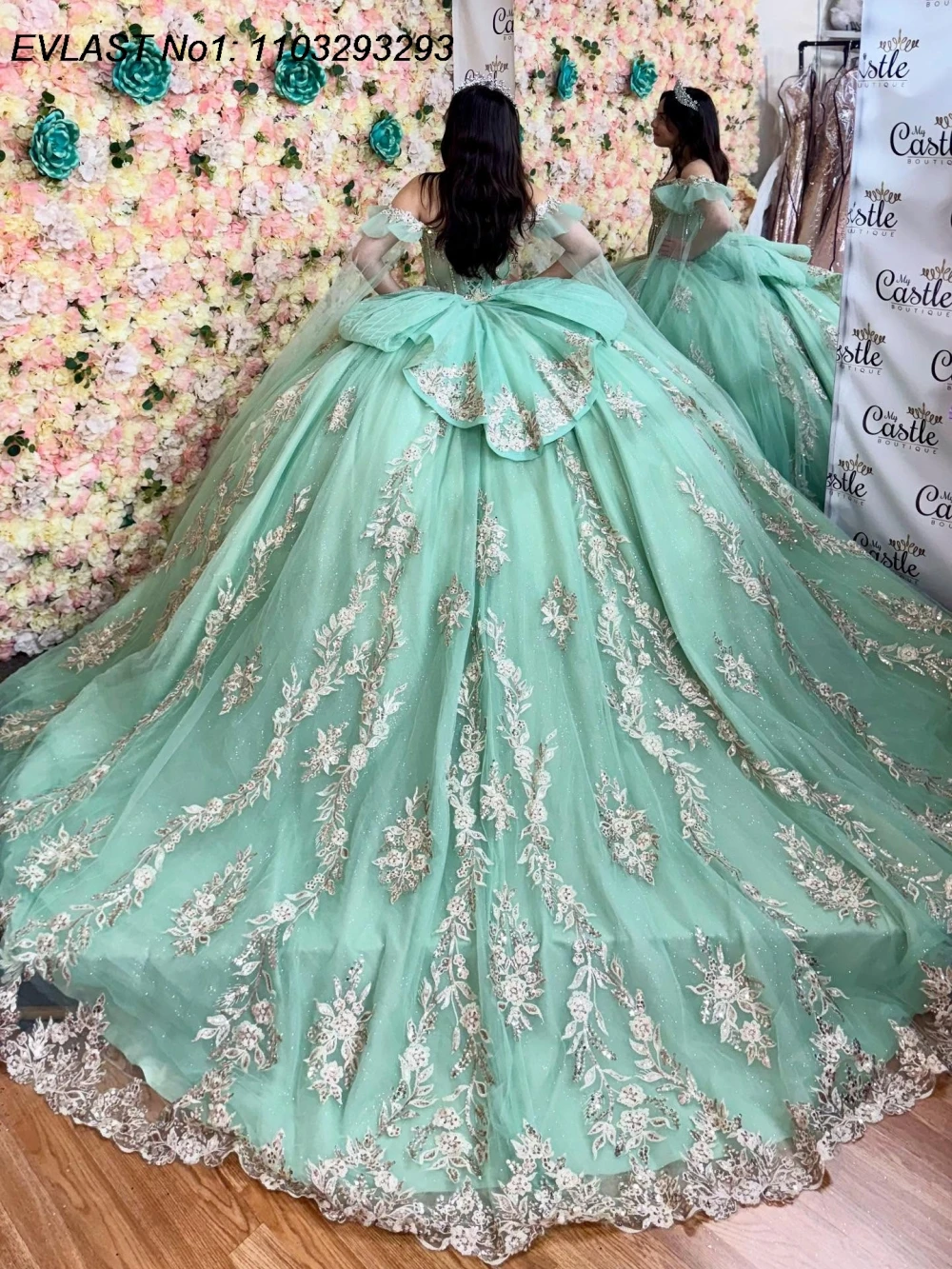 EVLAST Customized Mexican Sage Quinceanera Dress Ball Gown Gold Lace Applique Beading Cape Sweet 16 Vestidos De 15 Anos E1QN516