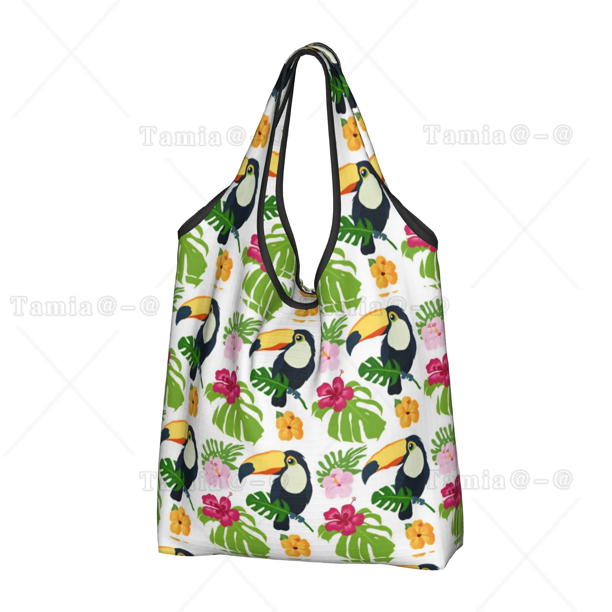 Tucan Bird Hawaiian Style Palm Monstera Shopping Bag Custom Shopper Shoulder Tote Bags Tropical Plants And Flowers Handbag