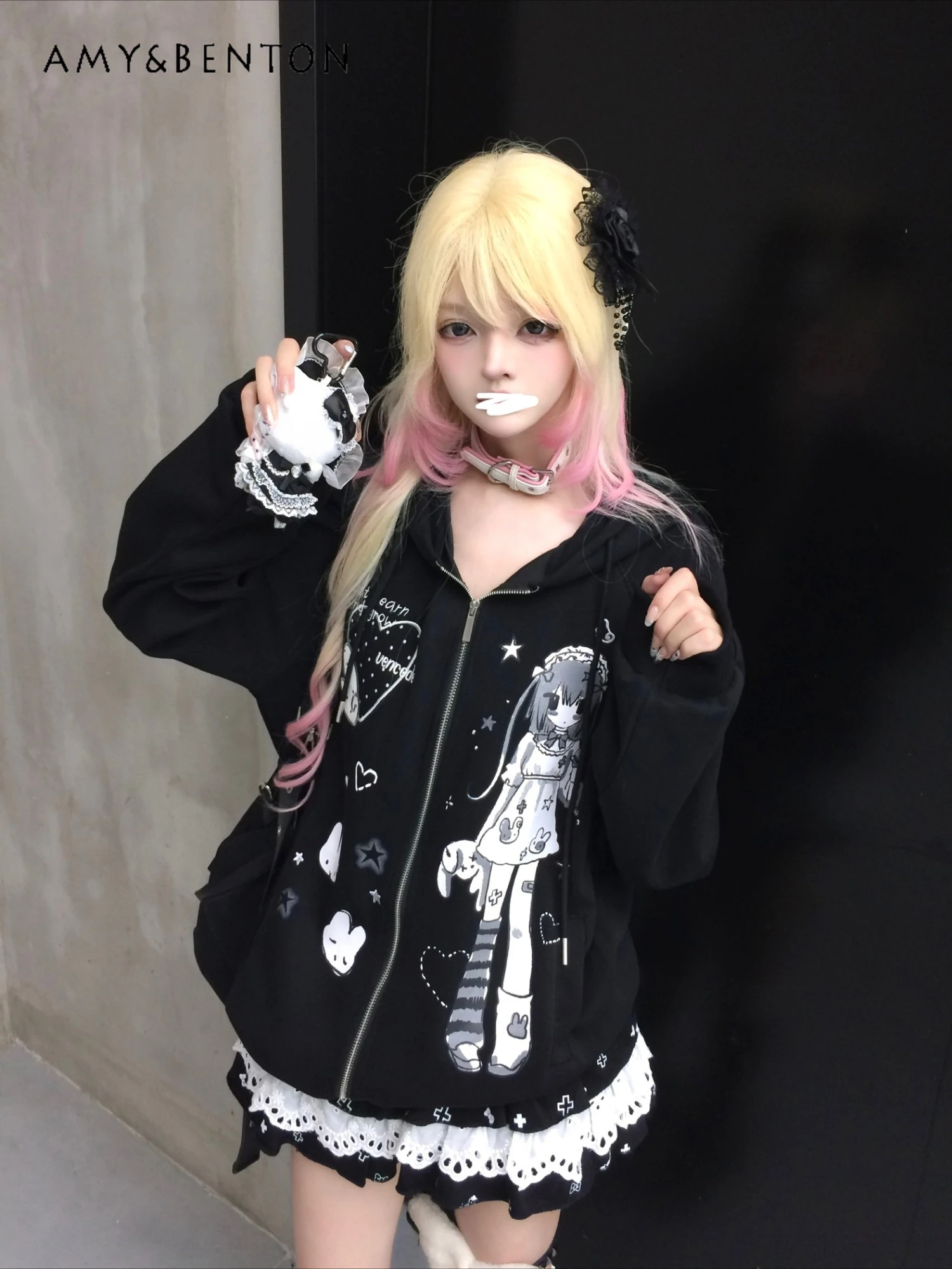 اليابانية لطيف أنيمي الكرتون طباعة مقنعين المرقعة اللون الستر للنساء كلية نمط الحلو بارد تنوعا معطف غير رسمي فضفاض #1