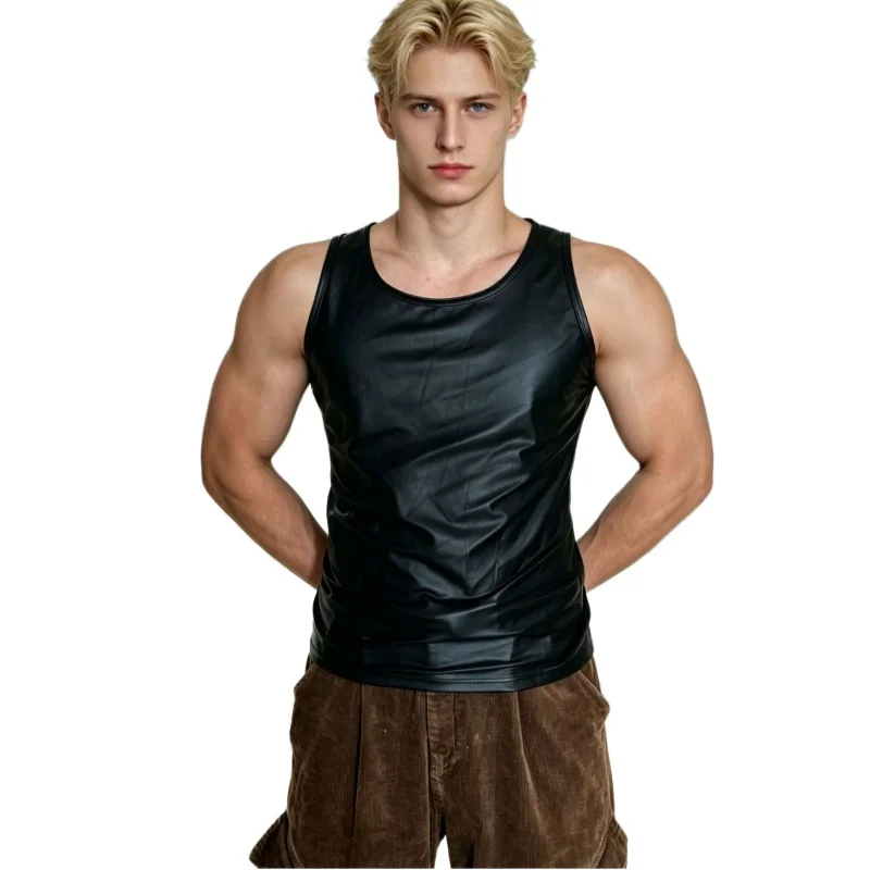 Men's Sexy Vest Soft Patent Leather Bright Sleeveless T-Shir Tight Elastic Workout Fitness Singlets Sport Muscle Tank Tops