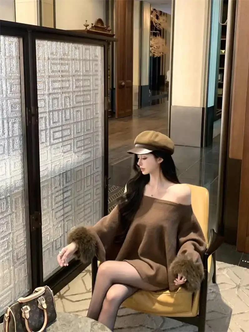 

Sweaters Jumpers Pullovers Woman Teen Gothic Anti-Piling Hem Semi-Fitted Coffee Sexy Date Feminine Pretty Boxy Fluttering BF Ins