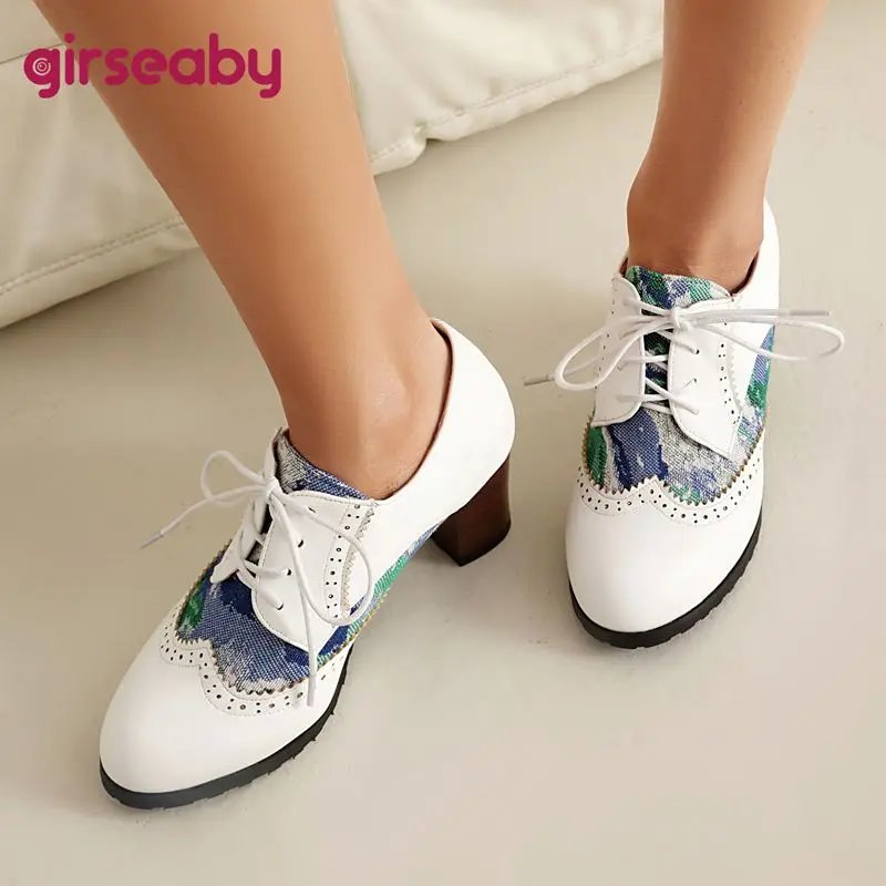 

Girseaby 2025 Женские туфли-лодочки для отдыха с круглым носком на массивном каблуке 6 см, со шнуровкой, разноцветные, большие размеры 42 43 44 Мягкая повседневная женская обувь