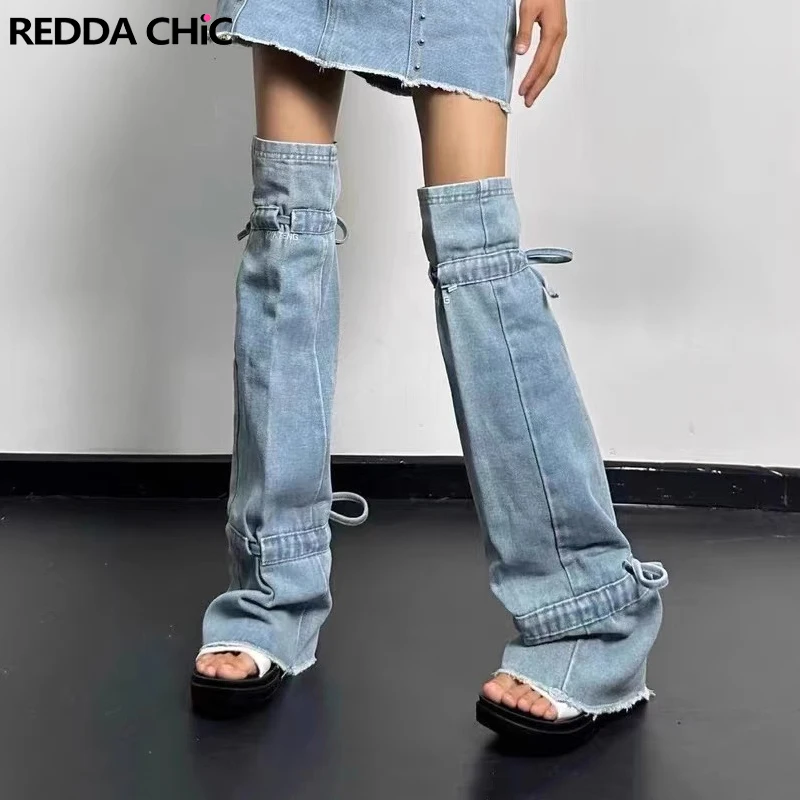 

ReddaChic Bandage Bowtie Denim Leg Warmers Women Gaiters Blue Plain Thigh-long Socks Boots Cover Y2k Acubi Fashion Summer New In