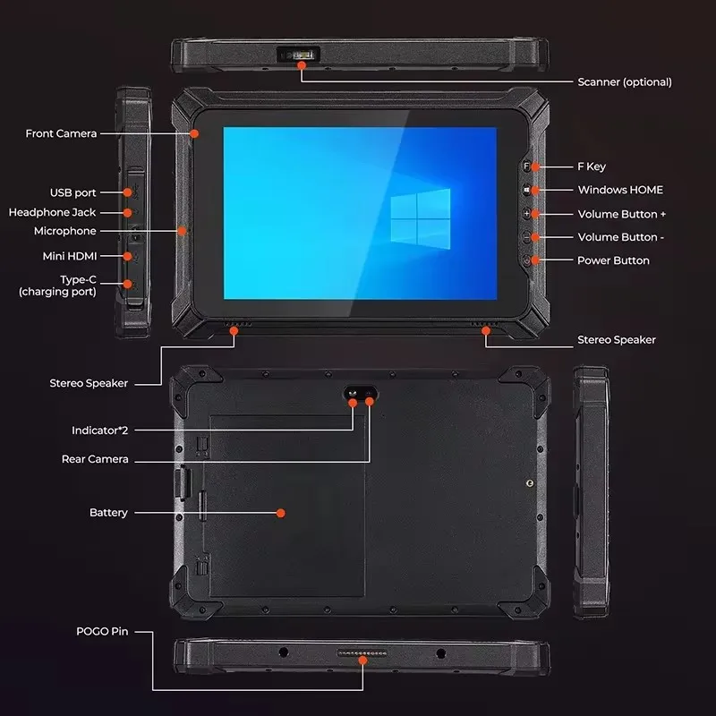 RUGLINE Rugged Industrial Tablet PC Windows 10 Home Handheld Mobile Computer Waterproof  8 Inch 8G RAM +128G IP67 GPS 10000mAH