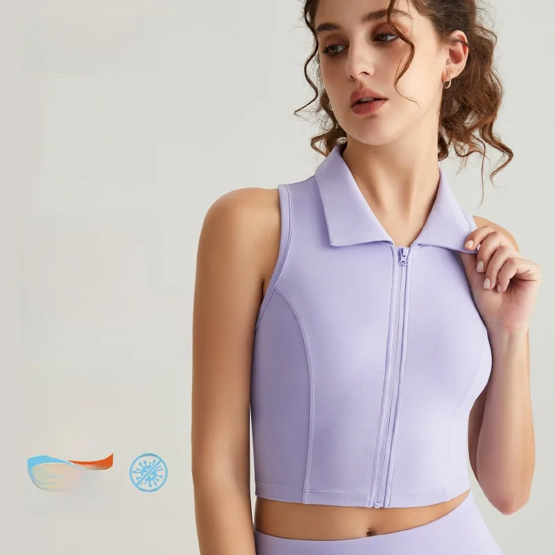 

Weiman женский жилет для йоги с воротником-поло и накладкой на грудь, встроенная молния спереди, высококачественный верхняя спортивная одежда, топ