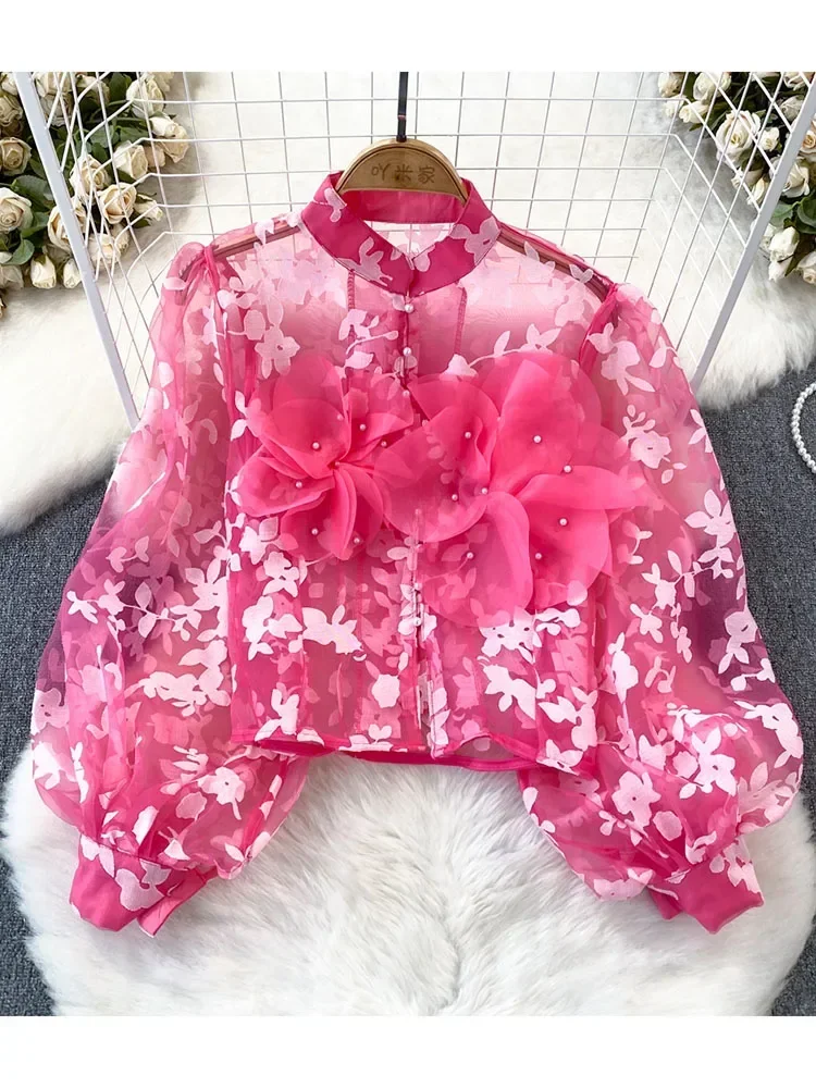 Women Spring Summer Blouse Three-dimensional Flower Lantern Long Sleeved Standing Collar Mesh Shirt Fashion Top D5648