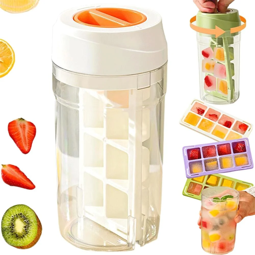 Ice Cube Bottle with Straw,2 in 1 Water Bottle Ice Cube Tray with Lid and Bin,Press-Type Silicone One-Touch Ice Release, Outdoor