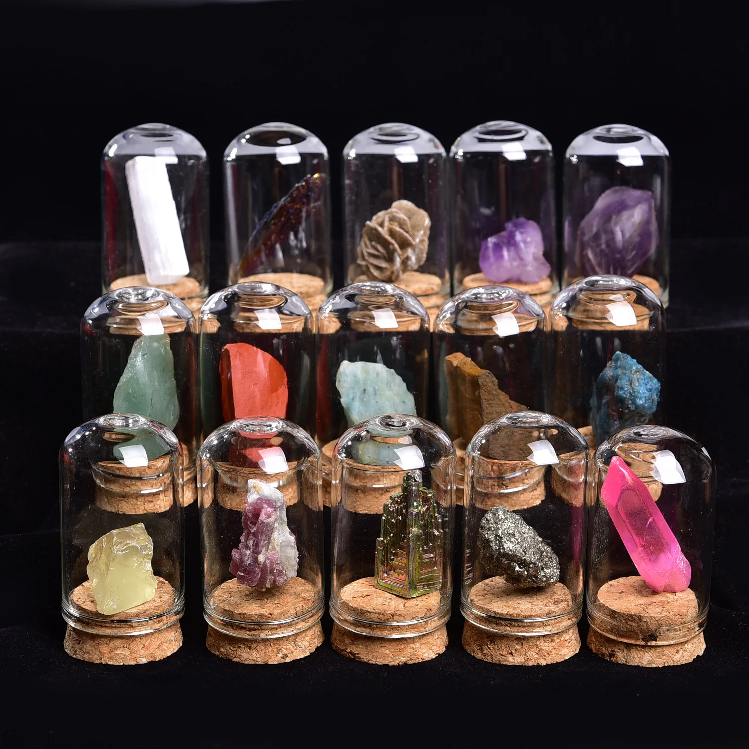 25Pcs Natural Crystal Quartz Mineral Glass Jar with Wooden Box Kit Teaching Collection Specimen Decorative Gifts