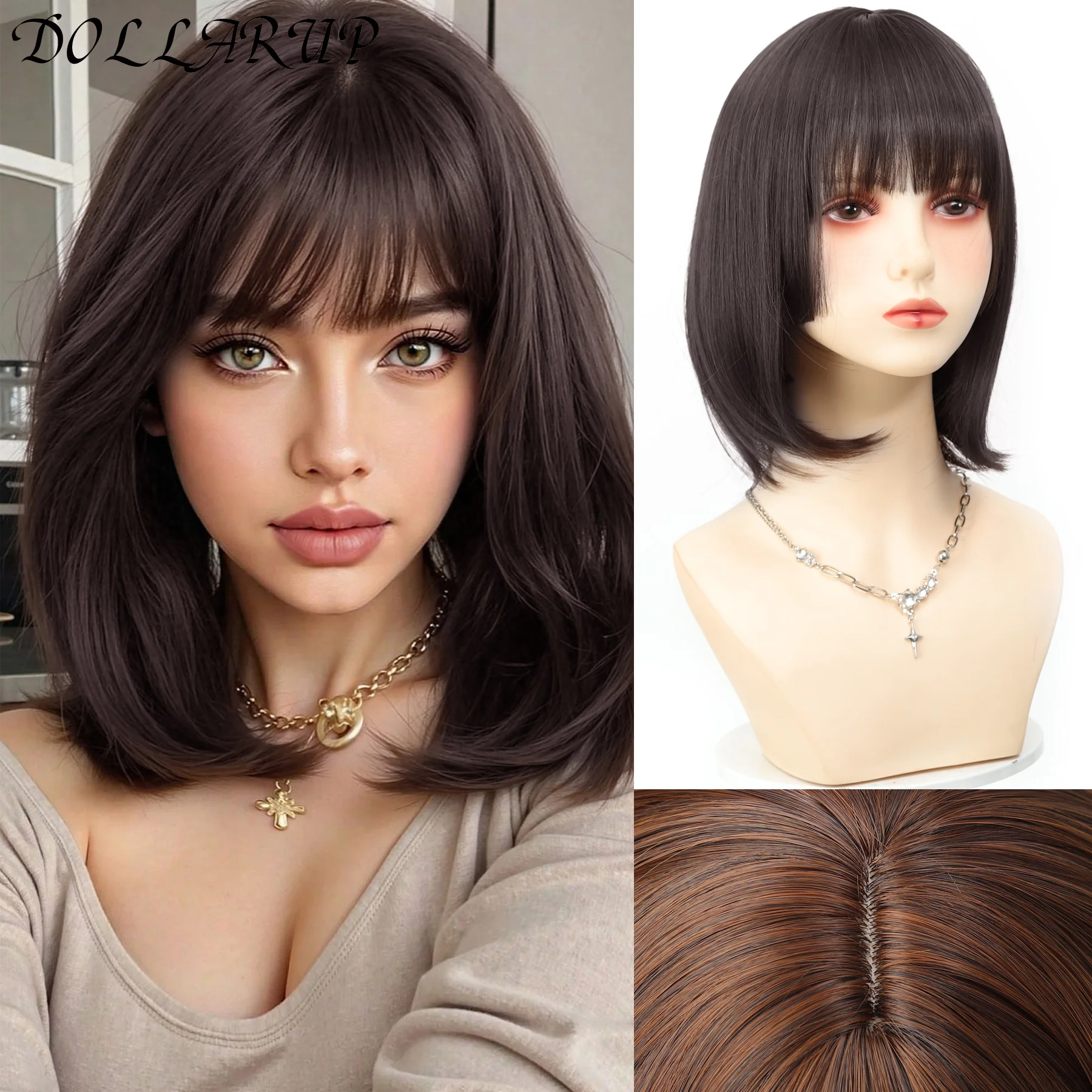 

Short Straight Bob Wigs for Women Black Brown Synthetic Natural Hair Wig with Bangs Heat Resistant Cosplay Daily Use Hair
