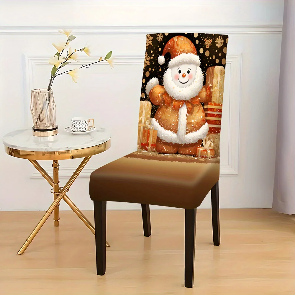 Gingerbread Style Snowman Gift Box Snowflake Dot Back Print Dining Chair Slipcover Stretch Xmas Holiday Chair Cover