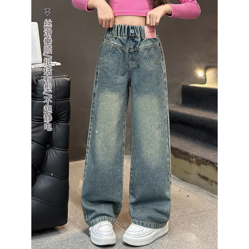 5-14 Jahre Frühling Herbst Mädchen-Jeans, modische Retro- und Vintage-Hose mit fünfzackigem Sternmuster und Stickerei, weit geschnittene Hose für Teenager-Mädchen – Detail 4