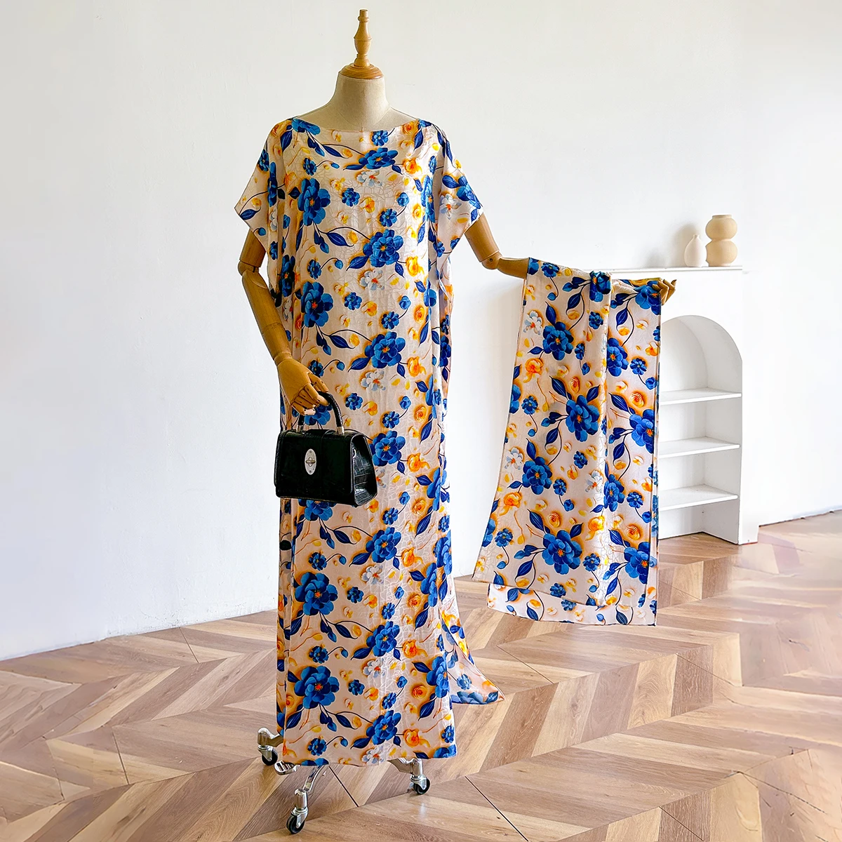 2023 neue Stil Mode Oversize Afrikanische Frauen Kleidung Dubai Dashiki Abaya Floral Print Design Mit Schal Lose Lange Kleid