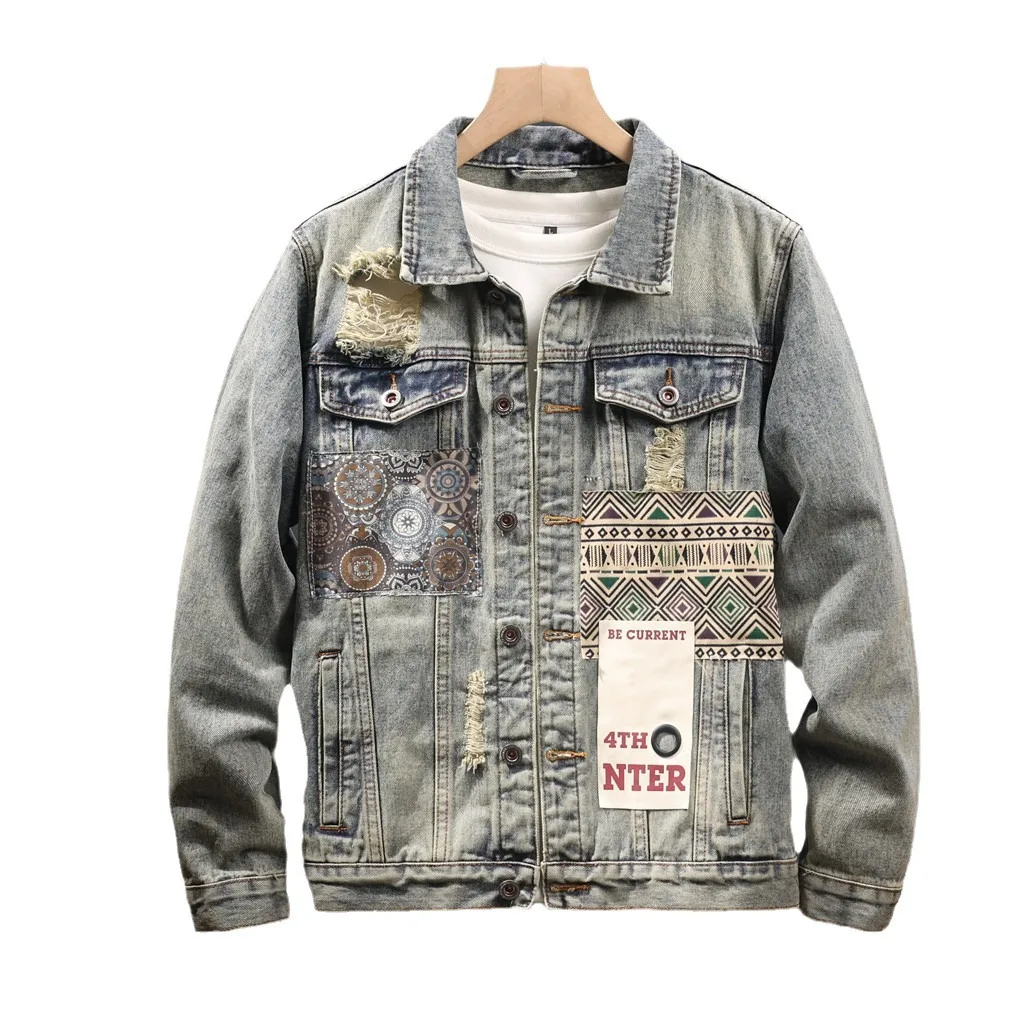 Men's High Street Vintage Ripped Jeans Jacket Fashion Streetwear Distressed Denim Coat With Patchwork Retro Cargo Outerwear