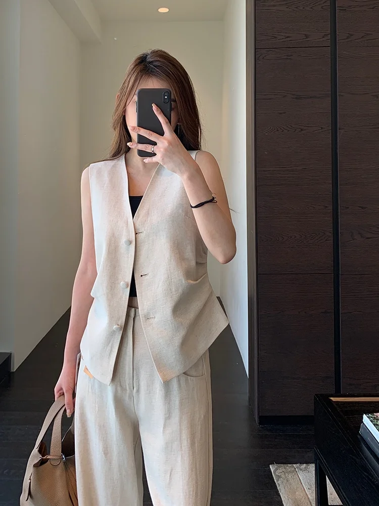 

Элегантный льняной топ-жилет для женщин AMR UU: легкий, складной, с V-образным вырезом, на одной пуговице, стандартной длины, для повседневной носки