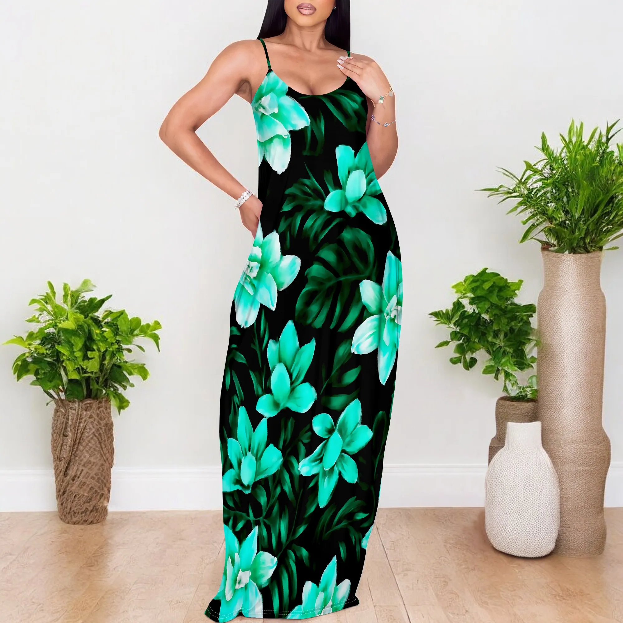 

Green Floral Print Maxi Dress S‑3XL Spaghetti Strap Loose Fit Summer Style for Beach Vacation, Tropical Party or Resort Look