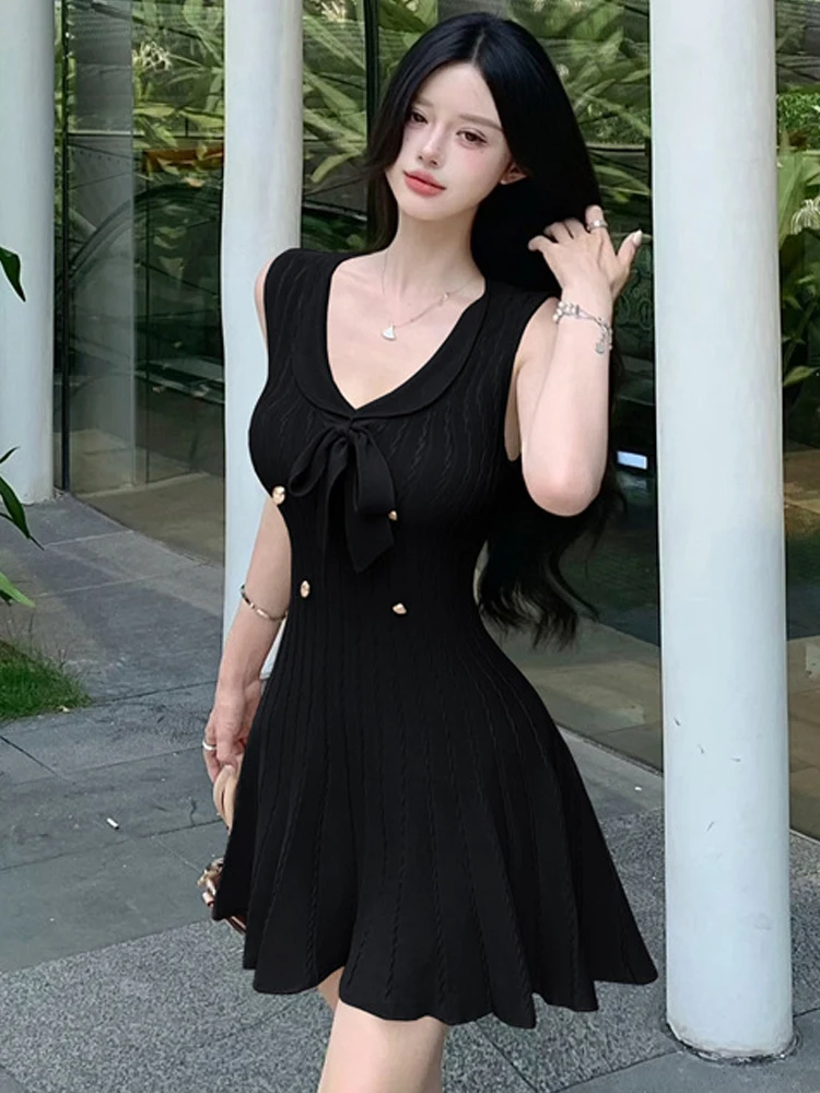 الملابس النسائية Kawaii لطيف سترة تاريخ محبوك فستان أنيق سترة حريمي مزدوجة الصدر القوس سوينغ ثوب الإناث عطلة Vestidos